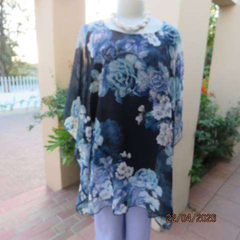 QUEENSPARK navy slip-over top with floral overlay and stretch polyester underlay, size 38