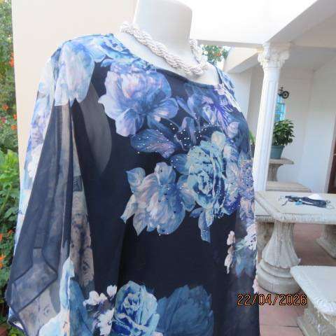 QUEENSPARK navy slip-over top with floral overlay and stretch polyester underlay, size 38