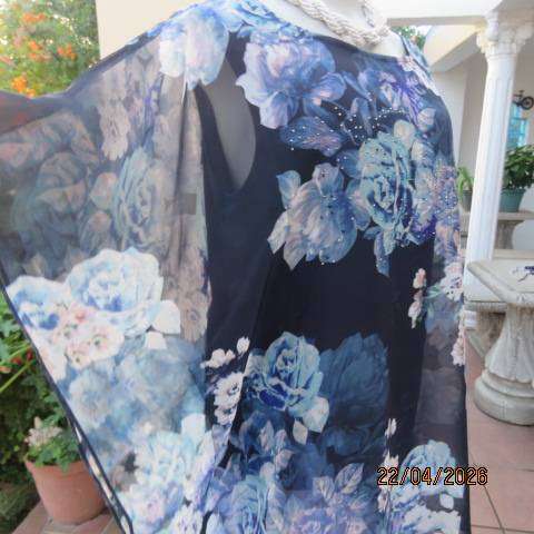 QUEENSPARK navy slip-over top with floral overlay and stretch polyester underlay, size 38