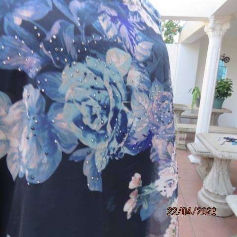 QUEENSPARK navy slip-over top with floral overlay and stretch polyester underlay, size 38