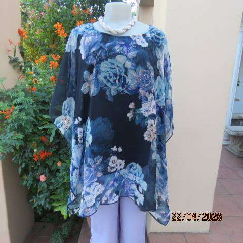 QUEENSPARK navy slip-over top with floral overlay and stretch polyester underlay, size 38