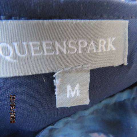 QUEENSPARK navy slip-over top with floral overlay and stretch polyester underlay, size 38