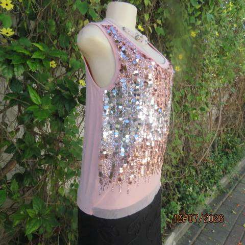FOSHINI misty rose pink evening top with luxury sequin front embellishment, size 36
