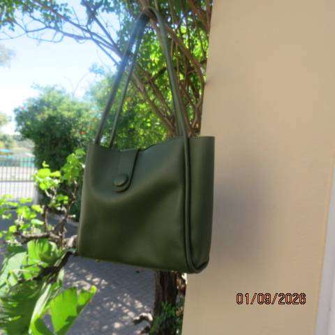 Olive Green shopper bag in heavy PU with 2 handles and 2 way press button closure  28cm x 28cm