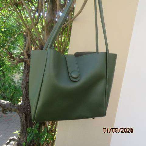 Olive Green shopper bag in heavy PU with 2 handles and 2 way press button closure  28cm x 28cm