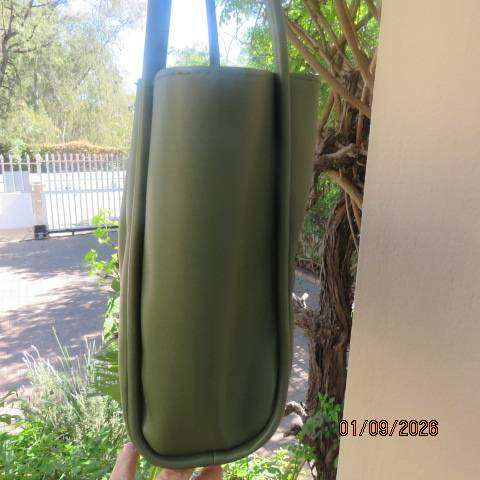 Olive Green shopper bag in heavy PU with 2 handles and 2 way press button closure  28cm x 28cm