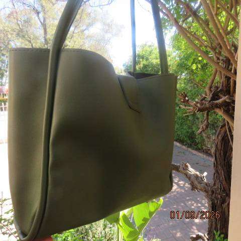 Olive Green shopper bag in heavy PU with 2 handles and 2 way press button closure  28cm x 28cm