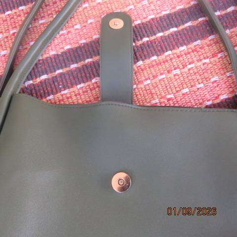 Olive Green shopper bag in heavy PU with 2 handles and 2 way press button closure  28cm x 28cm