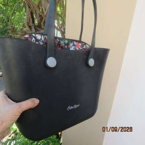 COTTON ROAD matte black heavy PU bag with floral inner lining, zip closure, 42cm x 28cm