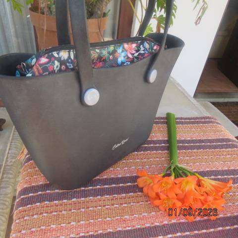 COTTON ROAD matte black heavy PU bag with floral inner lining, zip closure, 42cm x 28cm