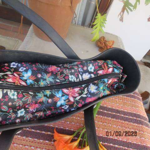 COTTON ROAD matte black heavy PU bag with floral inner lining, zip closure, 42cm x 28cm