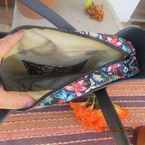 COTTON ROAD matte black heavy PU bag with floral inner lining, zip closure, 42cm x 28cm