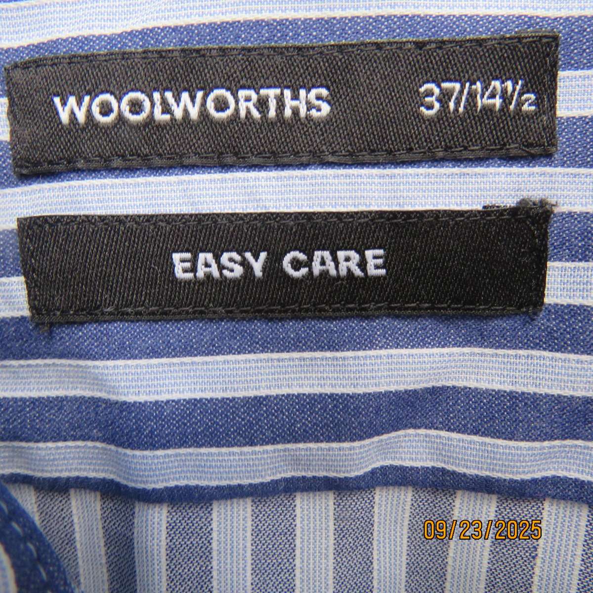 WOOLWORTHS navy-light blue vertical striped long sleeve polycotton shirt size M