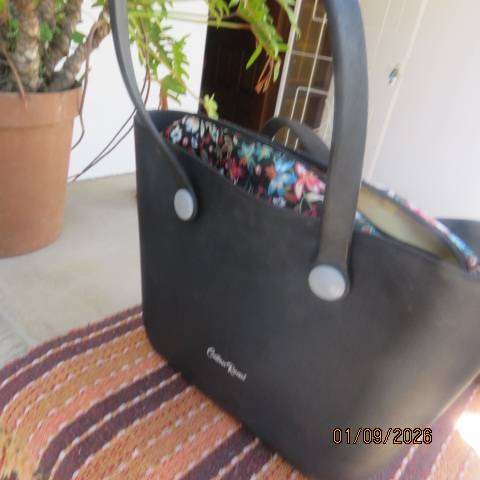 COTTON ROAD matte black heavy PU bag with floral inner lining, zip closure, 42cm x 28cm