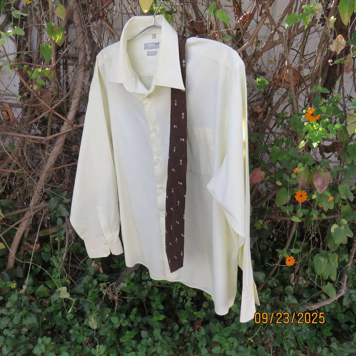 CIGNAL pastel yellow long sleeve polycotton shirt with free tie. Size XXL