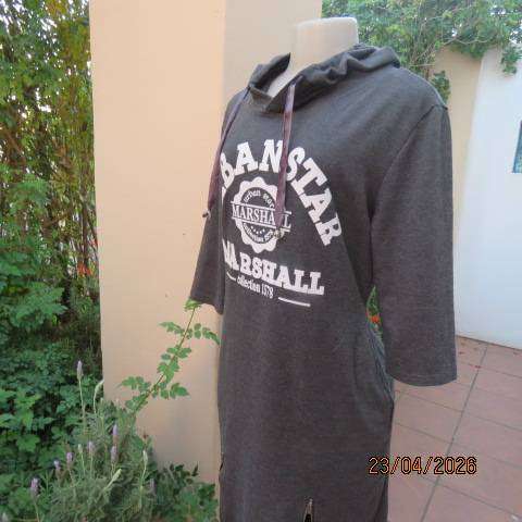 Comeng grey warm cotton stretch hooded dress long top with white logos, size 38