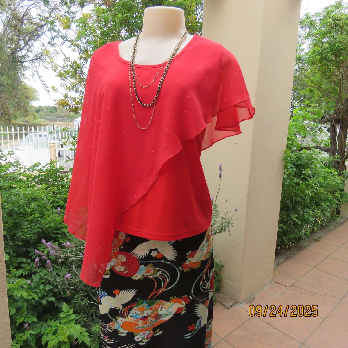 JUDY'S PRIDE scarlet red sleeveless stretch polyester top with sheer overlay. Size 36