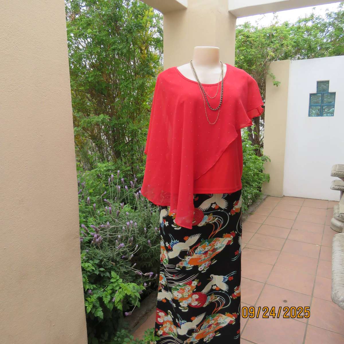 JUDY'S PRIDE scarlet red sleeveless stretch polyester top with sheer overlay. Size 36
