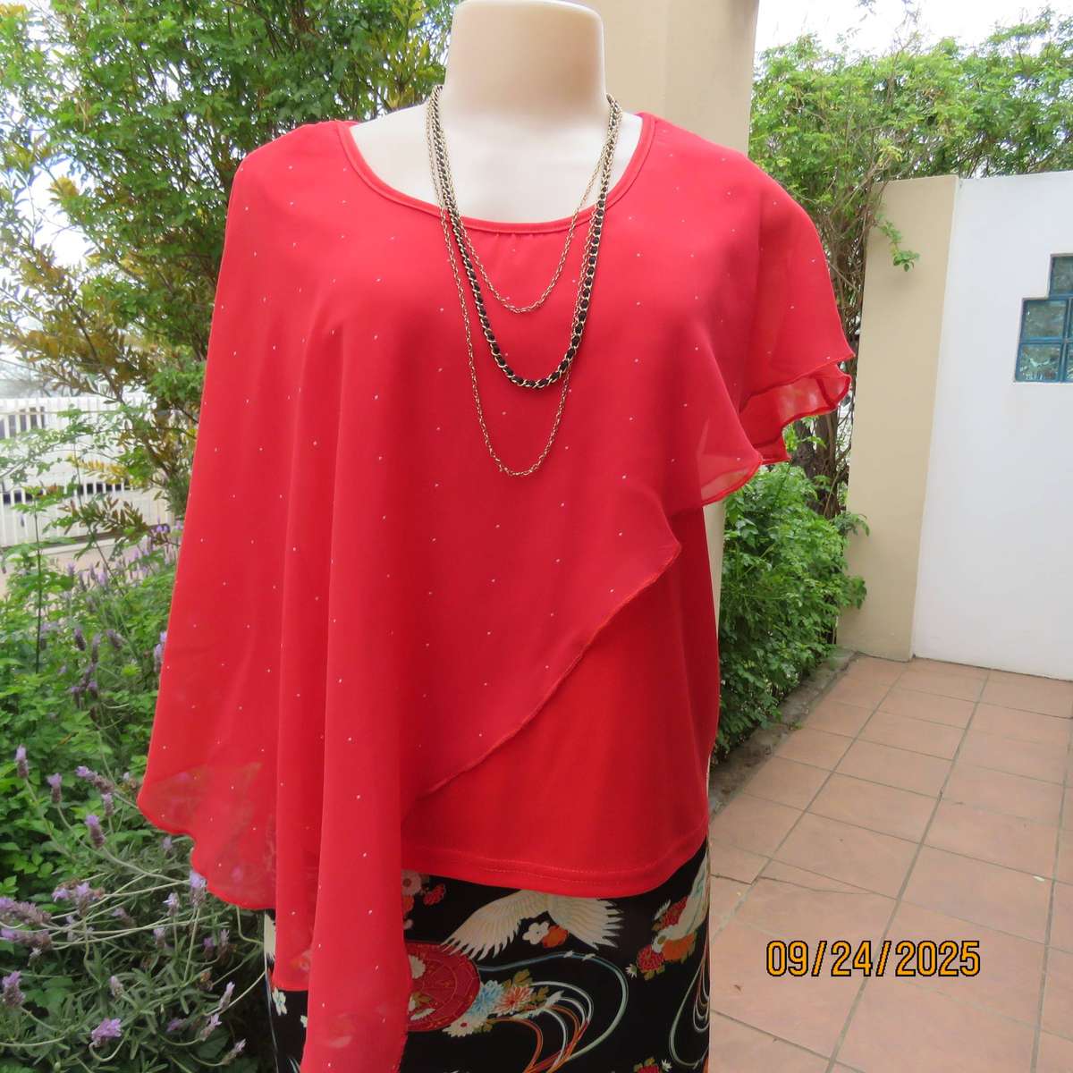 JUDY'S PRIDE scarlet red sleeveless stretch polyester top with sheer overlay. Size 36