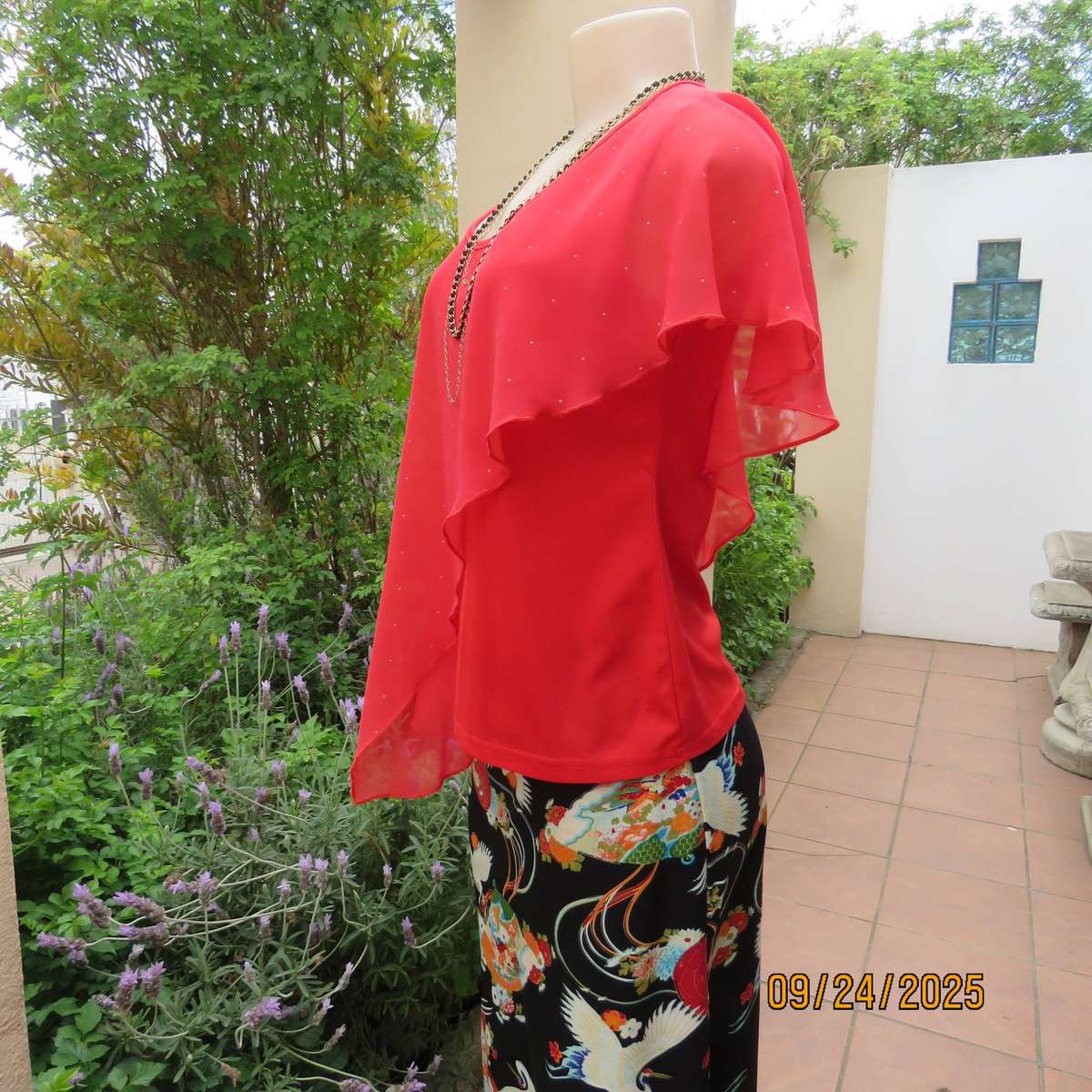 JUDY'S PRIDE scarlet red sleeveless stretch polyester top with sheer overlay. Size 36