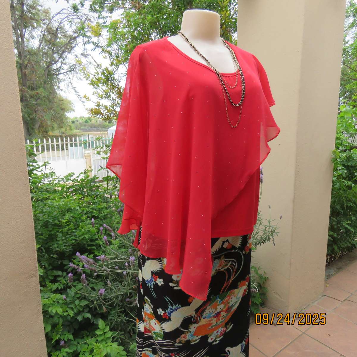 JUDY'S PRIDE scarlet red sleeveless stretch polyester top with sheer overlay. Size 36