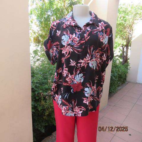 REAL  Basic black viscose slip over top with crimson-light blue print. Open collar. Size 42