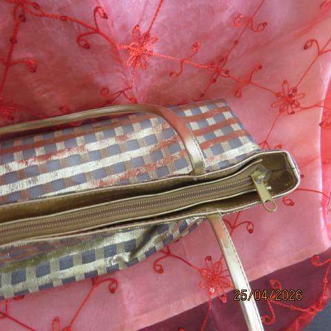 Gold and silver check fabric shoulder bag with zip closure - 37cm x 32cm