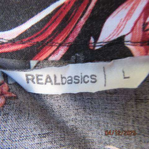 REAL  Basic black viscose slip over top with crimson-light blue print. Open collar. Size 42