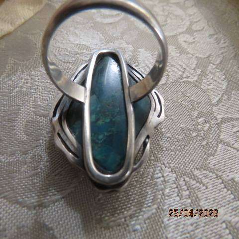 Bohemian style marquise shape turquoise ring in silver setting, size 9.5