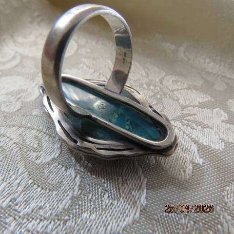 Bohemian style marquise shape turquoise ring in silver setting, size 9.5