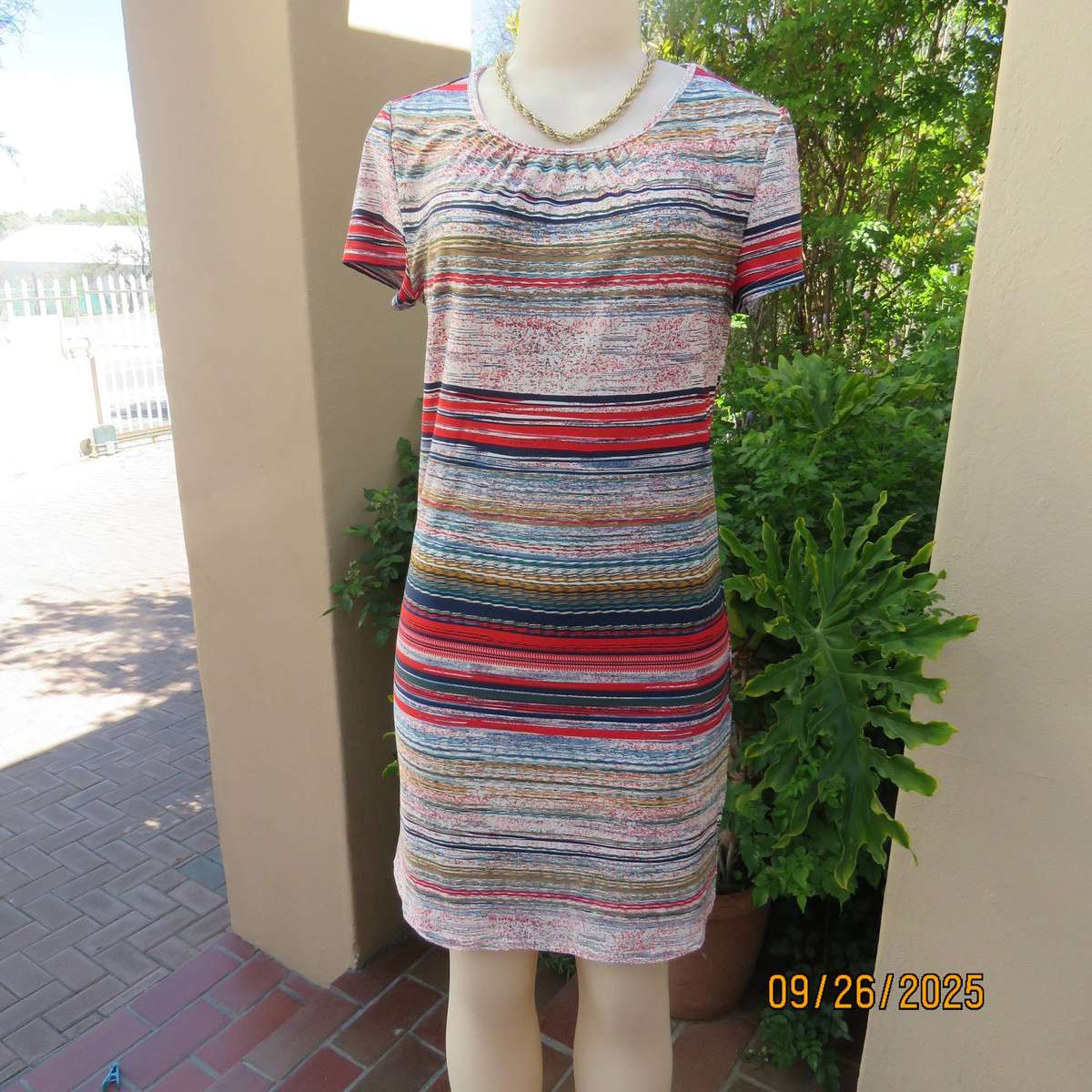 Horizontal stripe patterned red-blue-white with green and gold slip over poly stretch dress. Size 34