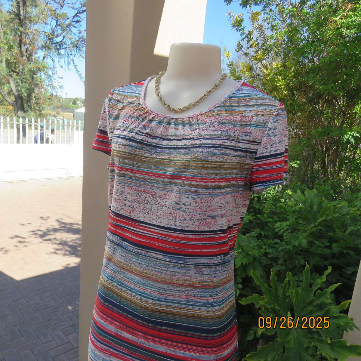 Horizontal stripe patterned red-blue-white with green and gold slip over poly stretch dress. Size 34