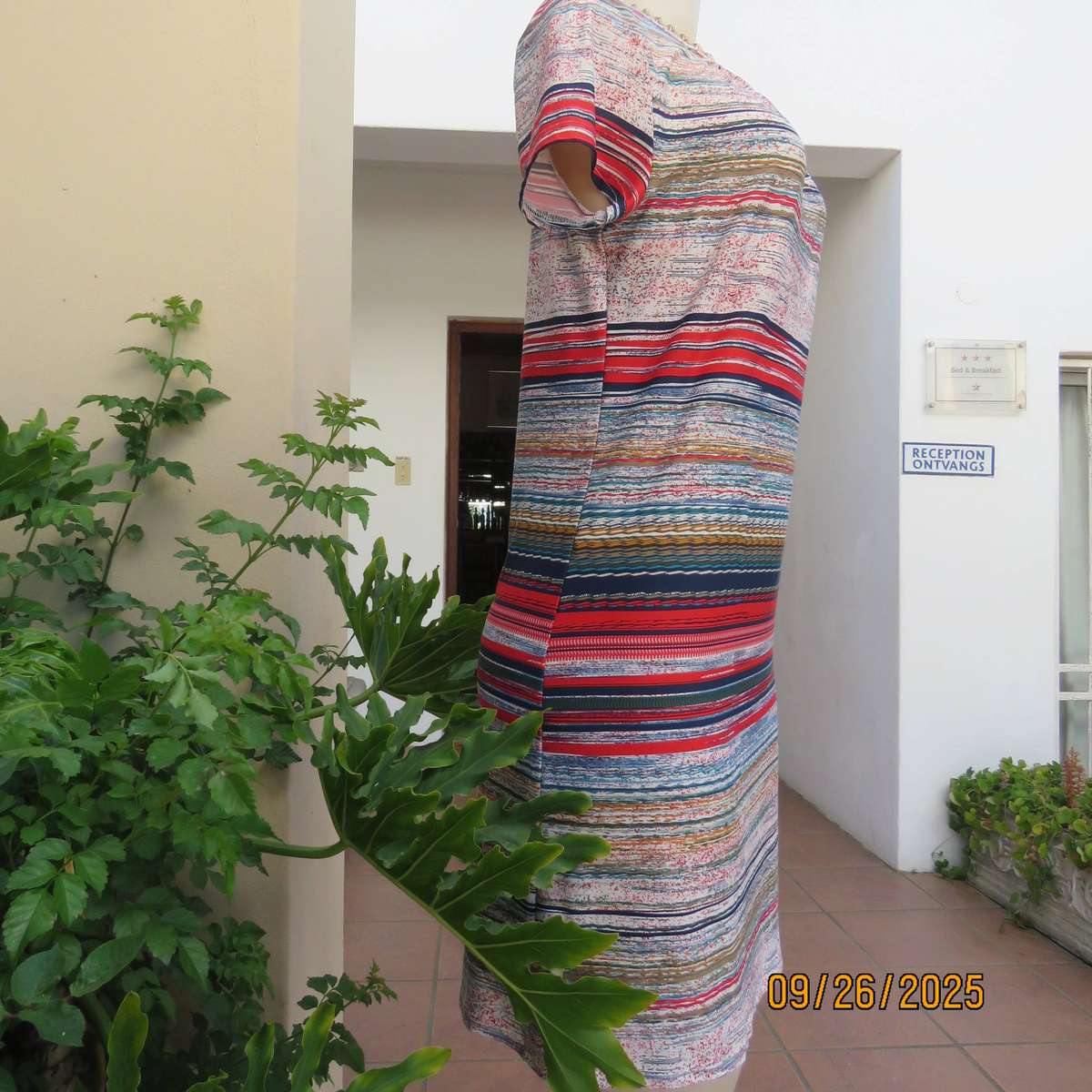 Horizontal stripe patterned red-blue-white with green and gold slip over poly stretch dress. Size 34