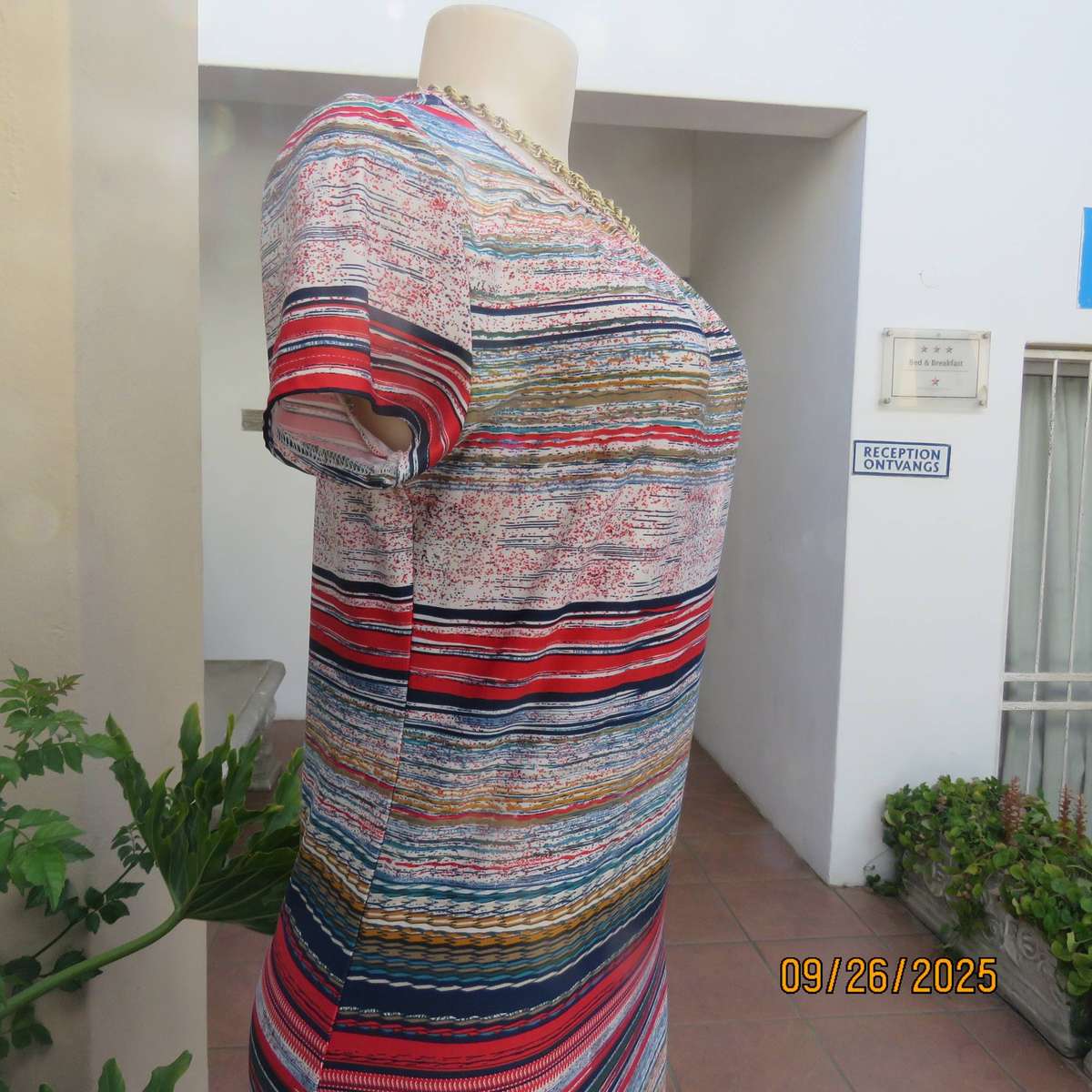 Horizontal stripe patterned red-blue-white with green and gold slip over poly stretch dress. Size 34