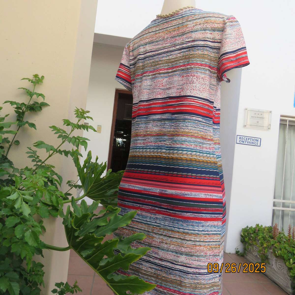 Horizontal stripe patterned red-blue-white with green and gold slip over poly stretch dress. Size 34