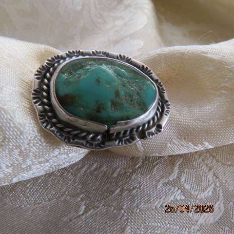 Sterling Silver Ring with Large Oval Green Turquoise Stone, Size 9