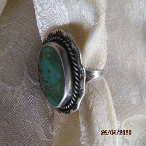 Sterling Silver Ring with Large Oval Green Turquoise Stone, Size 9
