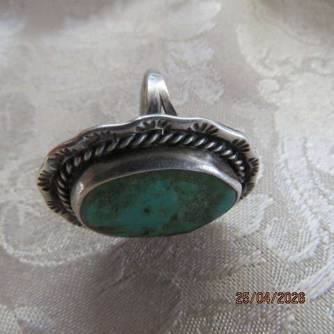 Sterling Silver Ring with Large Oval Green Turquoise Stone, Size 9