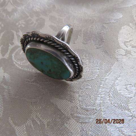 Sterling Silver Ring with Large Oval Green Turquoise Stone, Size 9