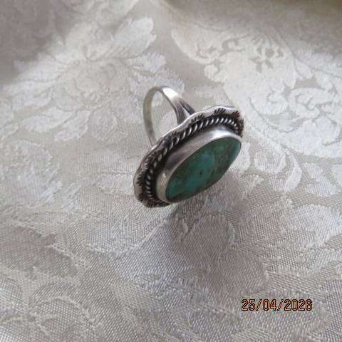 Sterling Silver Ring with Large Oval Green Turquoise Stone, Size 9