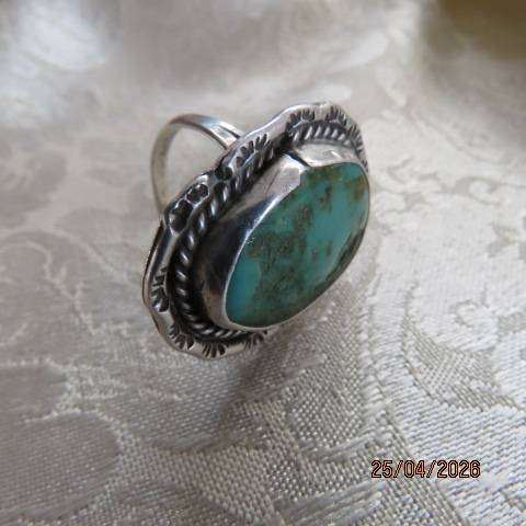 Sterling Silver Ring with Large Oval Green Turquoise Stone, Size 9