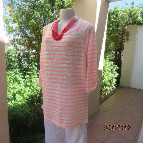 Amara textured polyester loose knit long top with neon orange stripes, size 42
