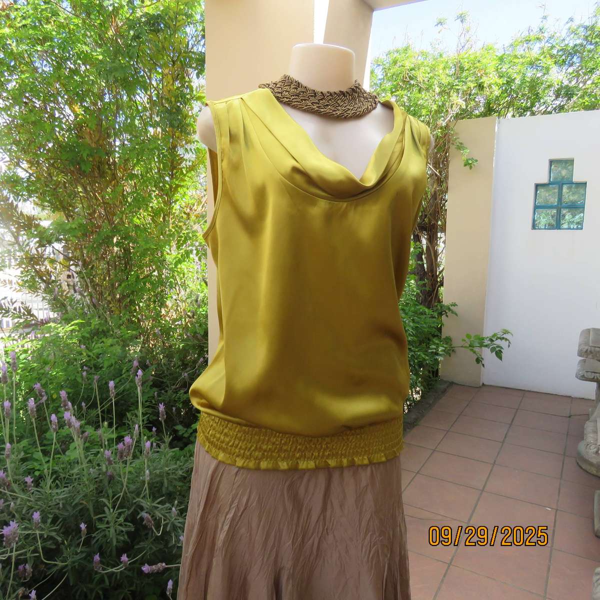Gold colour shiny silky stretch polyester sleeveless blouson top. Cowl neckline. Size 38-40