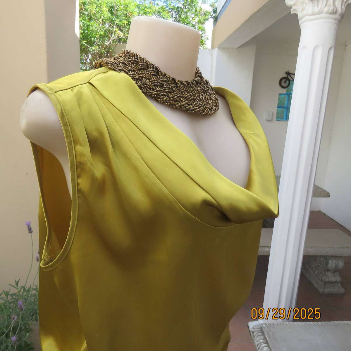 Gold colour shiny silky stretch polyester sleeveless blouson top. Cowl neckline. Size 38-40