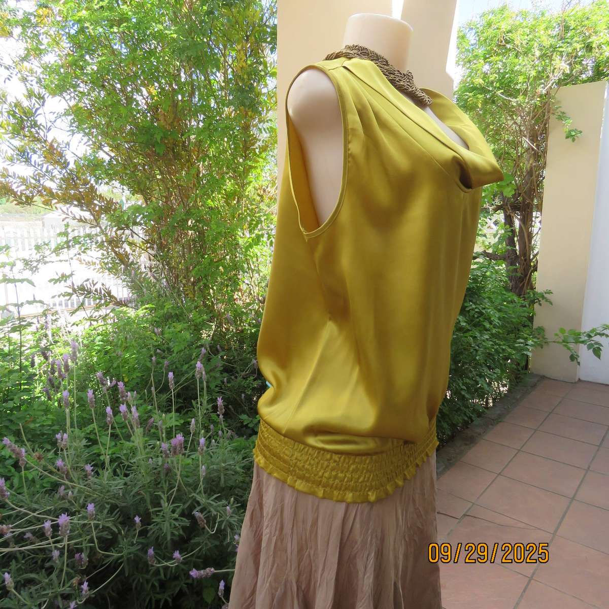 Gold colour shiny silky stretch polyester sleeveless blouson top. Cowl neckline. Size 38-40