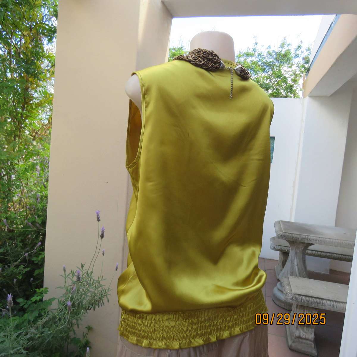 Gold colour shiny silky stretch polyester sleeveless blouson top. Cowl neckline. Size 38-40
