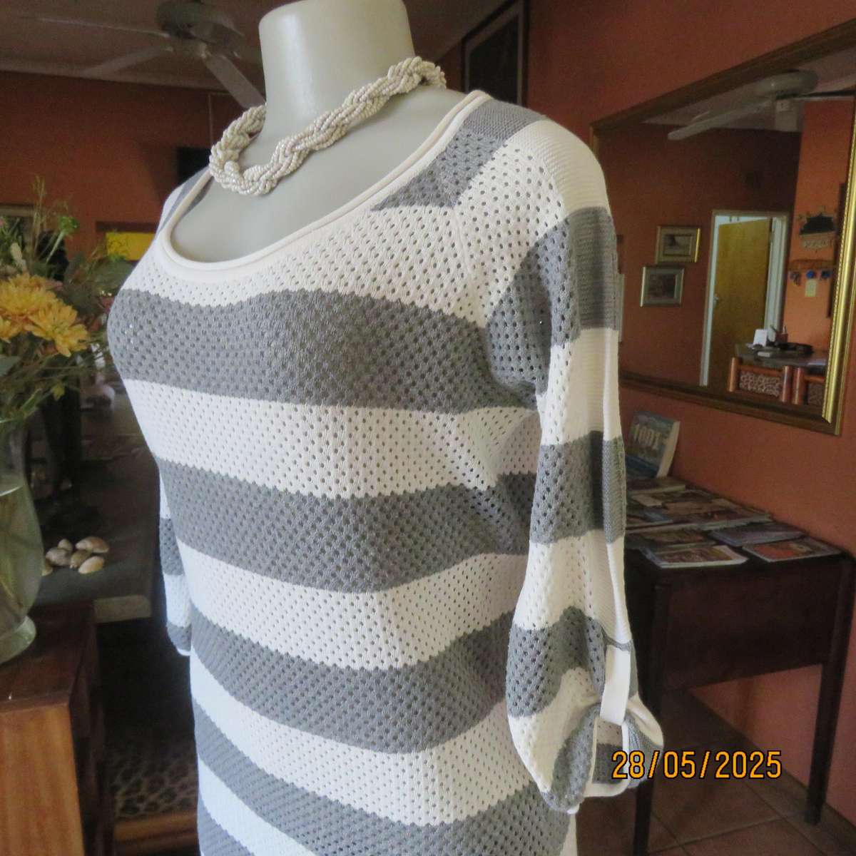 TRUWORTHS 100% cotton knit grey-white horizontal striped top. Size 34 to 36