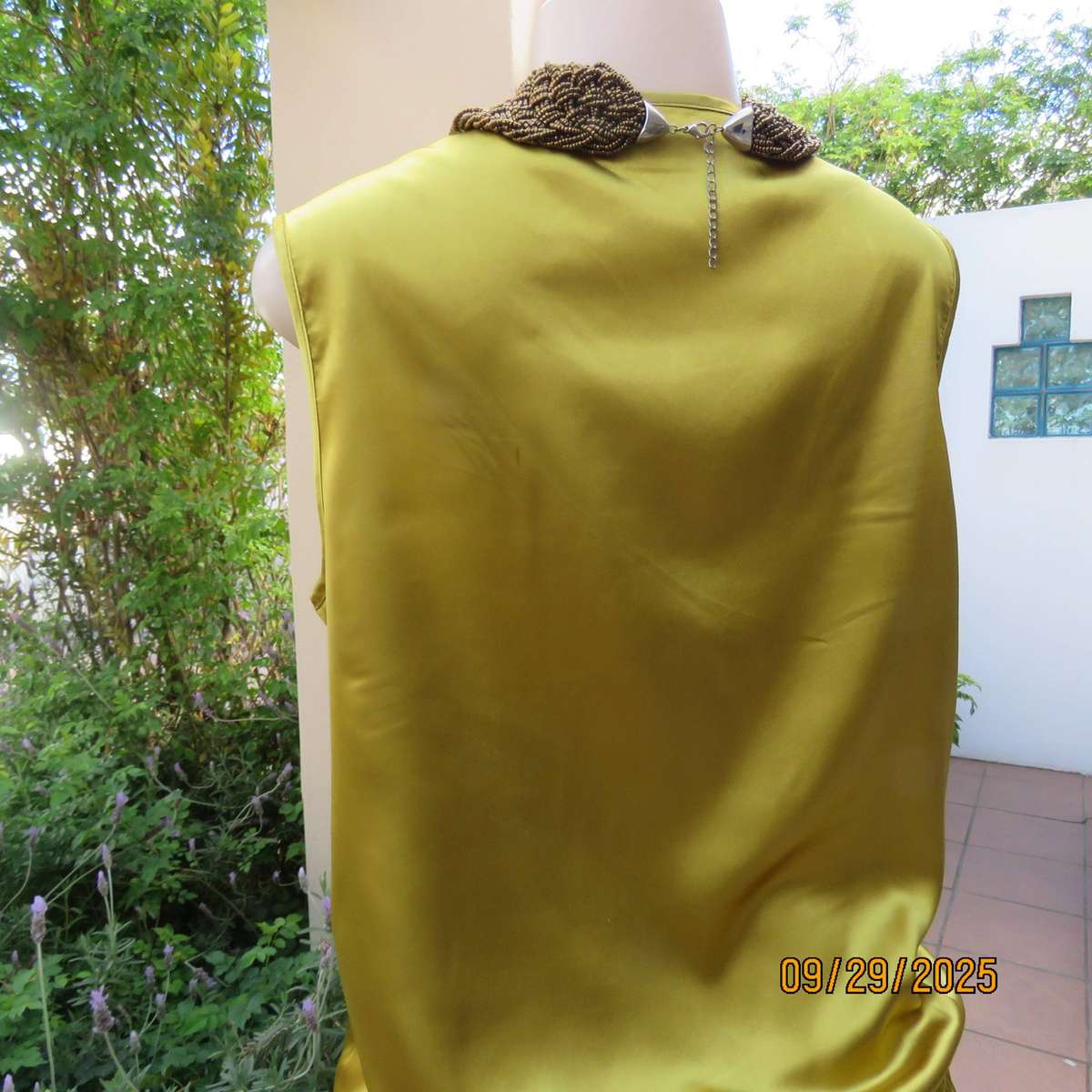 Gold colour shiny silky stretch polyester sleeveless blouson top. Cowl neckline. Size 38-40