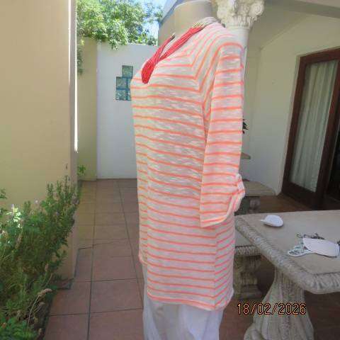 Amara textured polyester loose knit long top with neon orange stripes, size 42