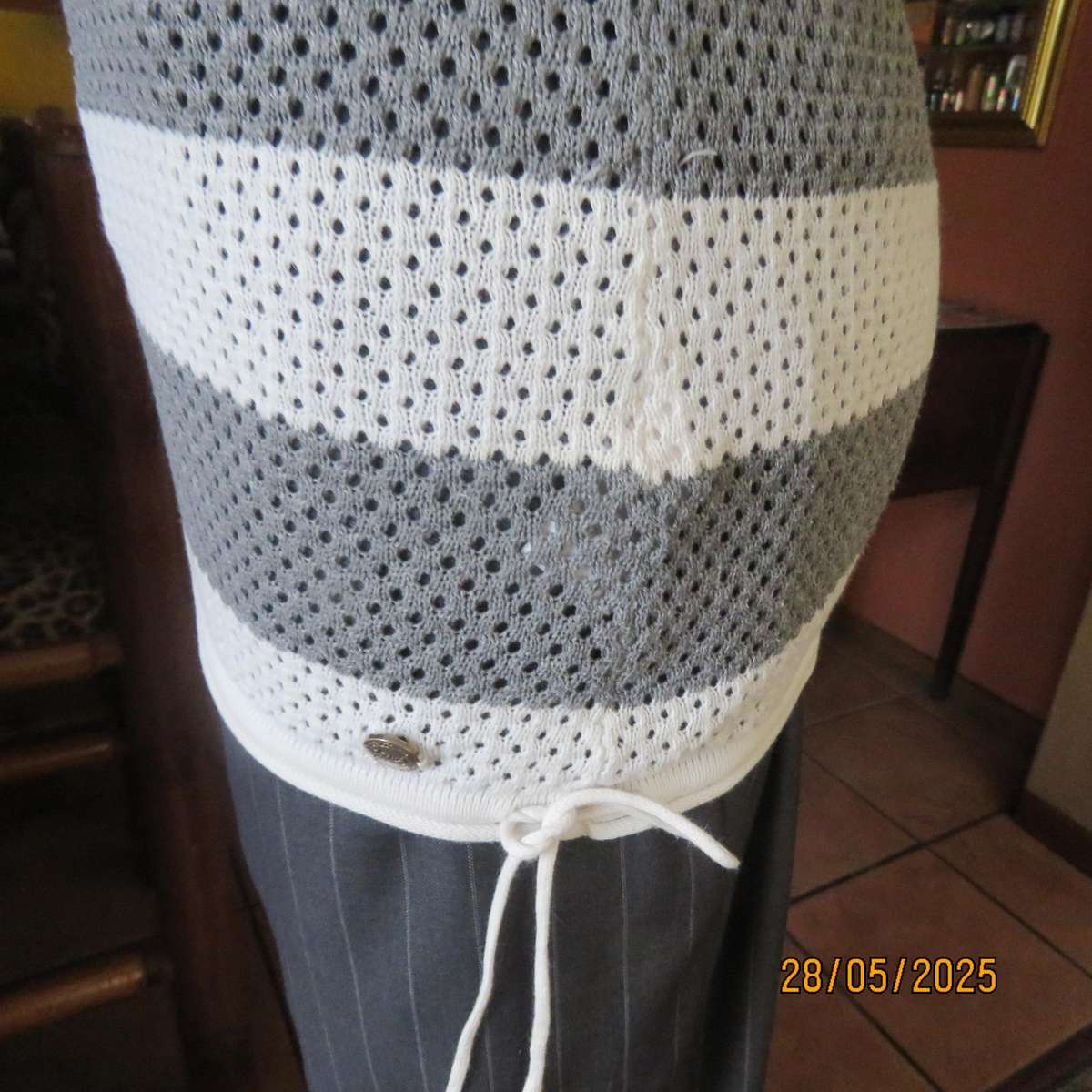 TRUWORTHS 100% cotton knit grey-white horizontal striped top. Size 34 to 36